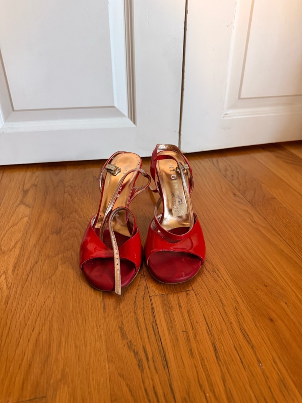 Red Patent Open-Toe Slingback Heels with Metallic Insole Regina tango shoes